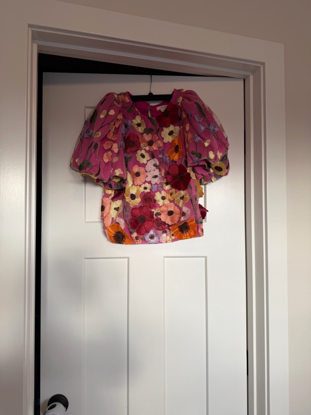 Floral Puff-Sleeve Pink Embroidered Blouse